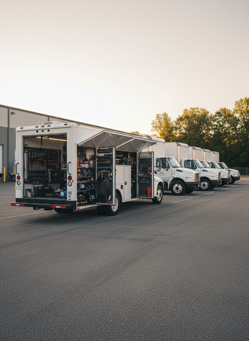A spotless white mobile diesel service truck with clear, unlabeled side panels is parked beside a line of medium-duty box trucks in an industrial lot in Cumberland County, NC. The truck’s side compartment doors are open, revealing neatly organized tools, diagnostic equipment, and heavy-duty hoses. Late afternoon golden sunlight creates clean highlights on the polished metal surfaces and gentle shadows beneath the vehicles. The background shows a blurred warehouse and a few distant trees. Captured at eye level with a slight three-quarter angle, the composition uses the rule of thirds to emphasize the mobile repair truck as the dependable centerpiece. The mood is professional, efficient, and reassuring, with realistic photographic detail and a clean, modern aesthetic.