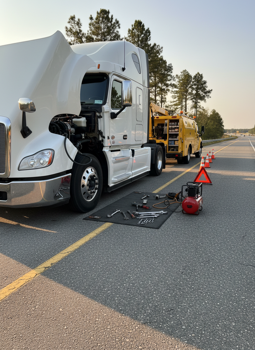 A sturdy, modern roadside scene where a large white semi-truck is safely pulled onto the shoulder while a compact mobile diesel service truck is parked behind it with cones and reflective safety triangles carefully arranged. The semi’s hood is raised, revealing detailed engine components, while heavy-duty tools and a portable air compressor sit neatly on a protective mat beside the truck. Late afternoon sunlight casts a warm, directional glow, creating defined shadows along the asphalt and emphasizing the vehicles’ contours. Pine trees and a gently curving highway stretch into a softly blurred background. Captured at a low angle to make the trucks feel solid and secure, the composition conveys reliability, urgency handled calmly, and professional roadside diesel repair in photographic realism.