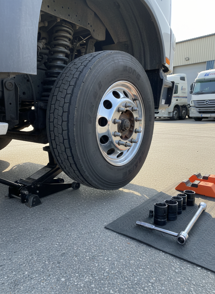 A detailed, photographic close-up of a heavy-duty diesel truck wheel and suspension area raised on a robust portable jack in an outdoor service area. A thick, treaded tire, gleaming steel wheel, and visible brake components are all sharply in focus. Beside the wheel, an orderly arrangement of impact sockets, a torque wrench, and wheel chocks rests on a clean rubber mat. Late-morning sunlight creates bright highlights on the metal and soft shadows beneath the truck, bringing out textures in the asphalt and equipment. The background shows a softly blurred row of fleet vehicles and an indistinct warehouse. Shot from a low, ground-level perspective, the composition feels hands-on, precise, and safety-conscious, emphasizing preventive maintenance and expert care.