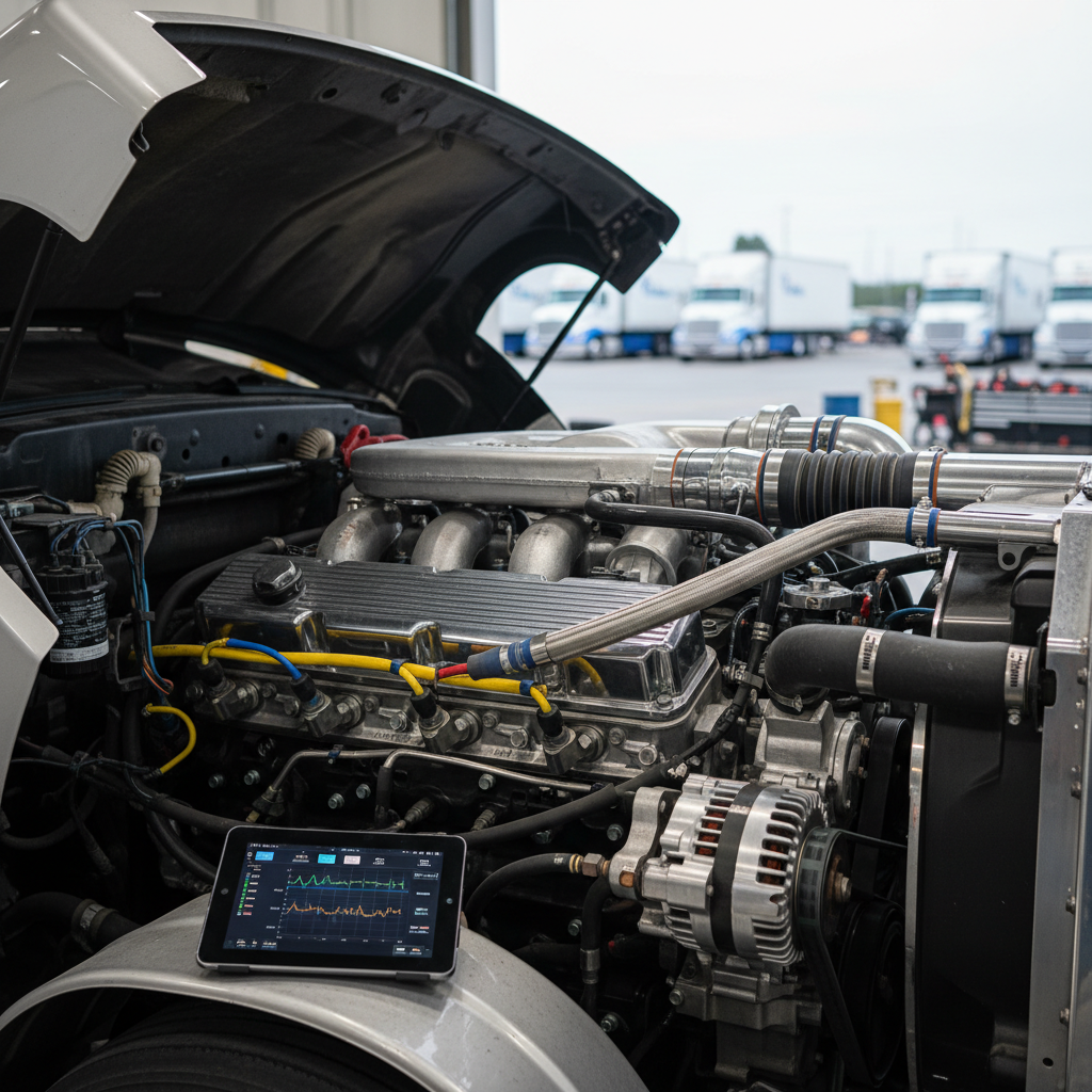 A close-up, photographic view of a powerful diesel engine inside a commercial truck, with gleaming metal components, heavy braided hoses, and color-coded wiring harnesses all crisply detailed. The hood is raised, and a compact, unlabeled diagnostic tablet rests on a nearby fender, showing bright graphs and data without any readable text. Soft overcast daylight from an open bay door provides diffused, shadow-free lighting, revealing subtle textures in the rubber, metal, and plastic parts. The background fades into a gentle bokeh of an organized service yard with several blurred fleet vehicles. Shot from a slightly elevated angle with shallow depth of field, the composition feels technical, precise, and trustworthy, emphasizing expert diesel repair and maintenance.