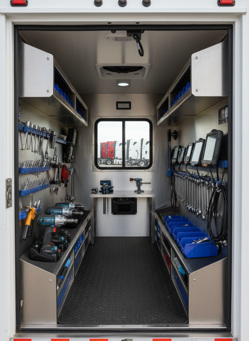 The interior of a clean, efficient mobile diesel repair truck, shot from the open side door looking inward. Custom metal shelving lines the walls, holding neatly arranged sockets, impact wrenches, grease guns, and diagnostic tools, all secured in place. The floor is coated with non-slip textured gray material, and a compact workbench with a small vise and LED task light sits at the far end. Natural daylight streams in from the open door and a small rear window, creating soft, even illumination with minimal shadows. A blurred view of parked fleet vehicles is visible outside. The composition is centered and symmetrical, emphasizing order, preparedness, and professionalism, with crisp photographic detail and a calm, organized mood.