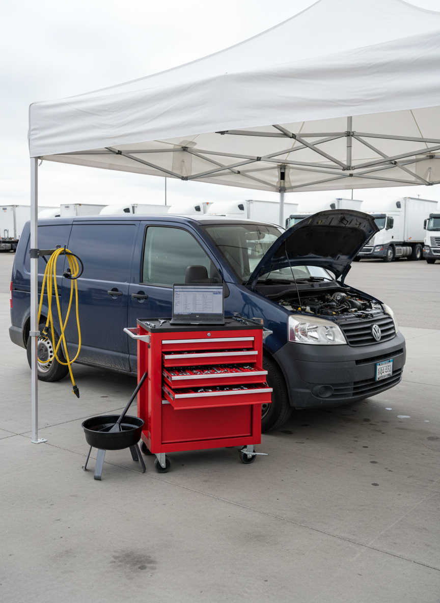 A compact diesel-powered work van is positioned inside an open-sided, temporary service canopy, with its hood raised and an unlabeled diagnostic laptop resting on a rolling tool cart beside it. Coiled air hoses, organized tool drawers, and a portable oil drain pan are visibly arranged with methodical precision. Bright but diffused midday light filters through the canopy material, creating soft, uniform illumination with minimal glare and gentle shadows. In the distance, a few larger fleet trucks and trailers are parked in an orderly lot, slightly out of focus. The composition uses an eye-level, three-quarter angle to show both the van and equipment, creating a mood of proactive maintenance, professionalism, and on-site convenience, rendered in realistic, clean photographic style.