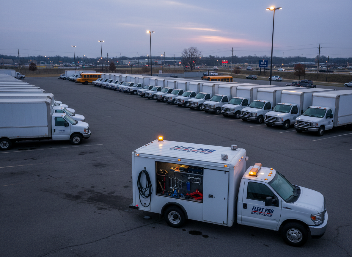 A well-organized fleet parking area at dawn, featuring a variety of clean white delivery vans, box trucks, and a single yellow school bus arranged in neat rows. In the foreground, a mobile diesel repair truck is positioned with its hazard lights faintly glowing and an open side compartment displaying coiled air hoses, wrenches, and portable jacks. Cool early morning light mixes with warm amber yard lights, creating a balanced, professional atmosphere with long, soft shadows. Captured from a slightly elevated wide-angle perspective, the image shows sharp detail in the foreground and gentle blur toward the horizon. The mood is calm yet ready-for-the-day, highlighting proactive fleet maintenance and reduced downtime in a realistic, photographic style.